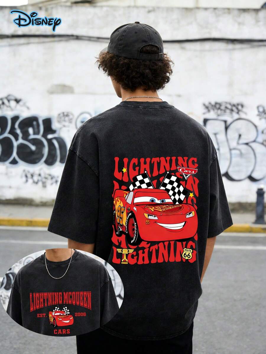 Retro 90s Disney Cars Lightning McQueen T-Shirt, WDW Vacation Gift, Disney Matching Family Shirt, Classic Animated Movie Design,230G Washed High-Quality Cotton Printed T-Shirt, Men's And Women's T-Shirt, Graphic Tees Men, Birthday Tee, Disney Family Trip Vacation Gift Shirts - 黑色 - 查看 1