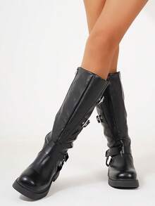 Platform Shoes For Women Knee High Boots Casual Square Toe Pull On Wide Calf Riding Fashion Buckles Chunky Boots Metallic Vintage Rivet Boot Fold Over Low Heel High Boots - 黑色 - 查看 5