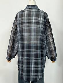 女士长款格子防晒衬衫，适合海滩度假，夏季穿着 - 黑色 - 查看 9