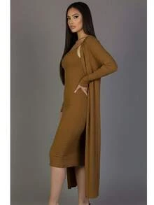 2pcs Women's Rib Knit Cardigan & Cami Midi Bodycon Dress Casual Loungewear - Mocha - View 2