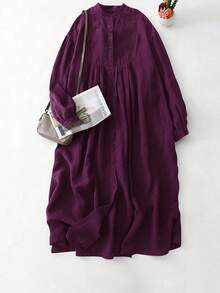 Bata larga de lino verde de 3/4 de manga para mujer, estilo retro artístico suelto y casual para primavera/otoño - Morado - Ver 3
