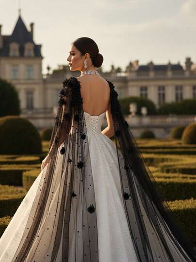 两件套黑色哥特式花卉披肩，饰有珍珠，长款拖地，复古优雅，适合女性出席派对、舞会等正式场合。