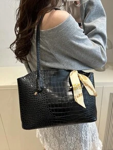 New Arrival Luxury Solid Color Versatile Women Shoulder Tote Bag - Black - View 5