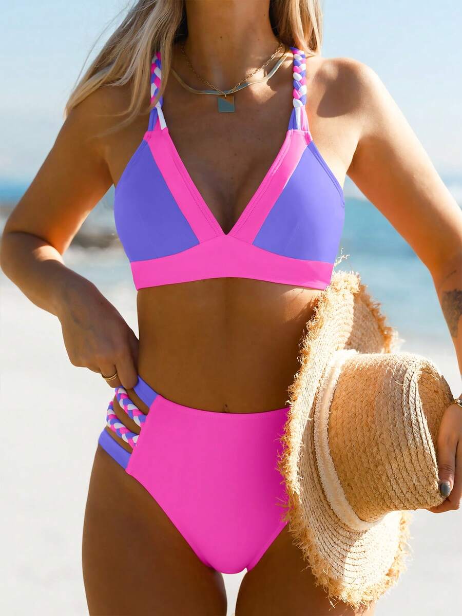 popvil Bộ bikini hai mảnh phối màu dành cho nữ, kiểu dây buộc hai bên và lưng chéo, cạp cao, thích hợp cho kỳ nghỉ hè. - Nhiều màu - Xem 1