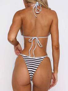Women's Striped Halter String Triangle Thong Swimsuit Y2K Color Block Tie Side String Bikini Set Summer 2 Piece Cheeky Bathing Suit - Blue - View 4
