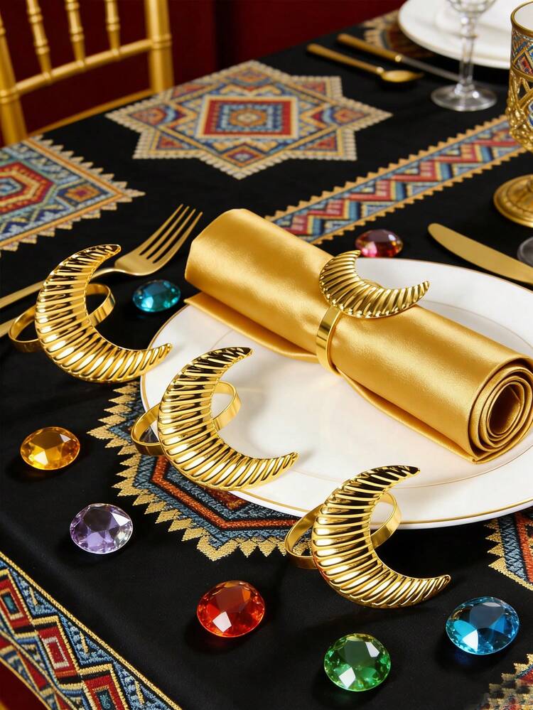 4-12pcs Ramadan Premium Stainless Steel Star & Moon Napkin Rings, Suitable For Ramadan Party Table Decor - Multicolor - View 20
