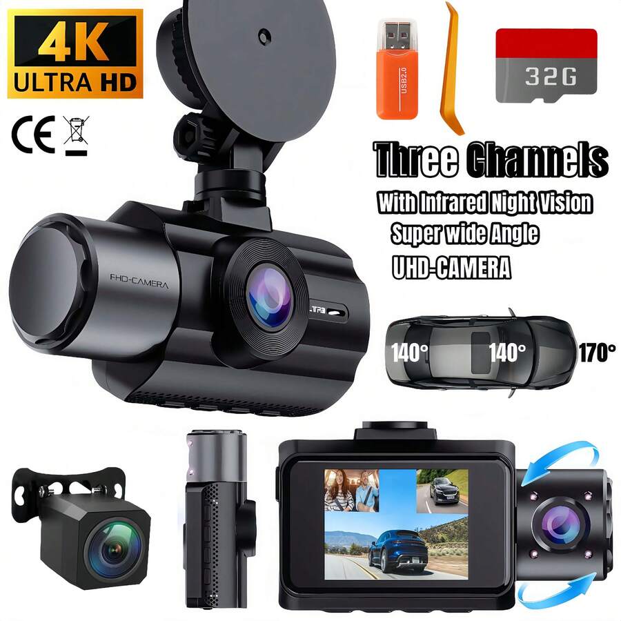 4K Triple Camera Car Recorder - IR Night Vision, 2.10" IPS Screen, Front/Rear & Built-In Car Camera, 170° Wide Angle & Built-In Audio - Includes 32GB Card, Loop Recording, G-Sensor - Perfect For Vehicle Safety Camera 24 Hour Parking Mode For New Vehicles Or Holiday, Birthday, Christmas Gifts - 4K Triple-lens + 32GB Card - View 1