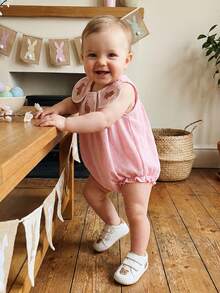 Baby Girls Rompers Easter Clothes Bunny Embroidered Crew Neck Sleeveless Infant Bodysuits Jumpsuits - Rosa - Ver 9