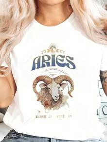 T Shirt With Aries Zodiac Sign And Ram Graphic March 21 April 19 Print For Casual Wear And Astrology Lovers,220g - White - View 1