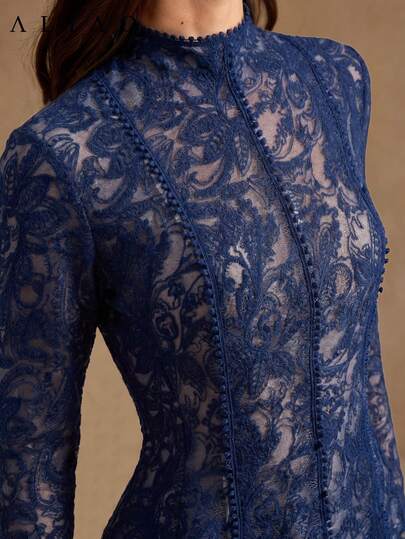 Alina Colorful Floral Embroidered Mesh Patchwork Sheer Long Sleeve Top, Suitable For Wedding Season, Valentine's Day, White Party, Old Money Style, Palace Style, Eye-Catching Outfit, Elegant Daily Wear, Autumn/Winter