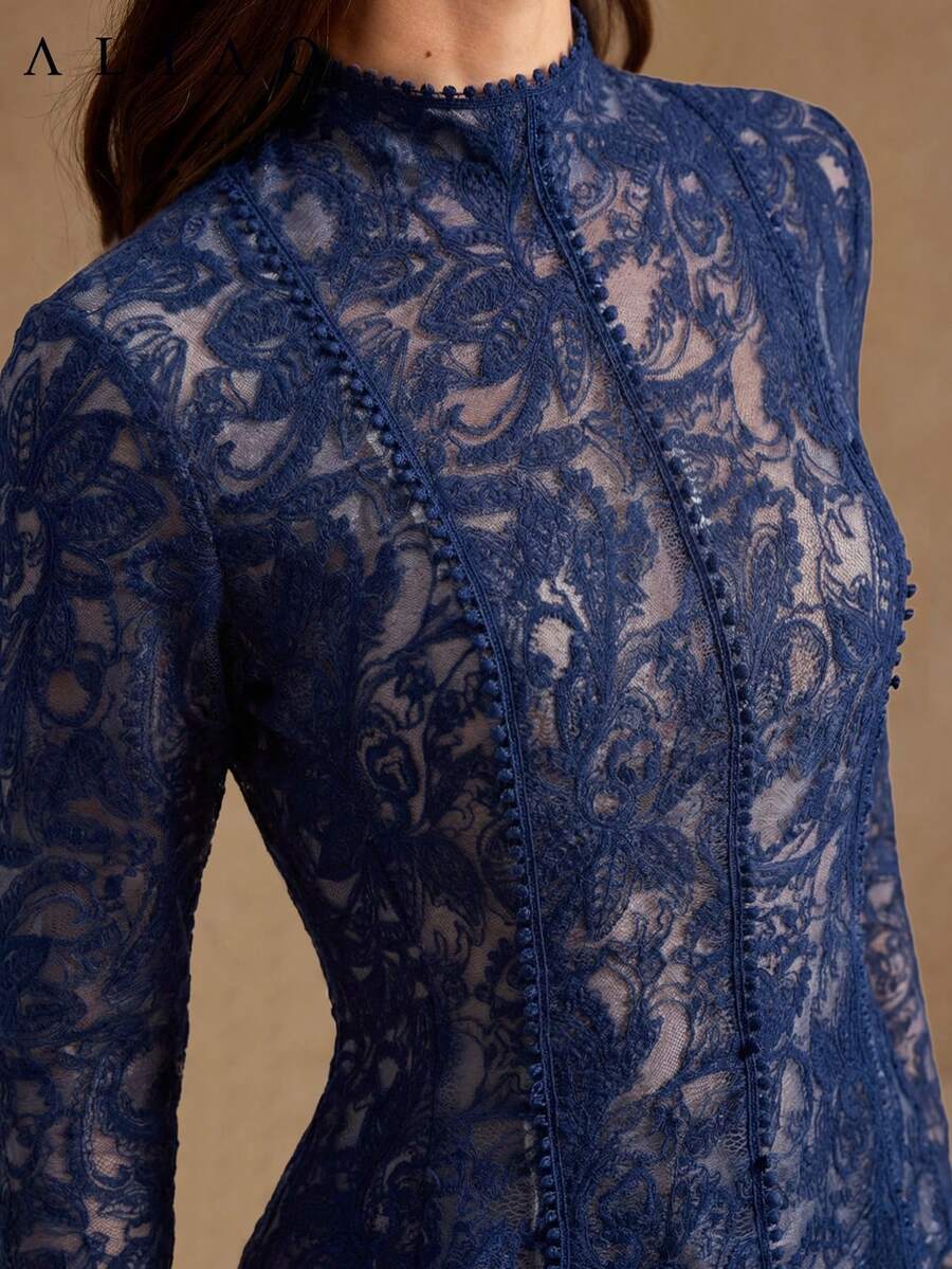 ALIAO Top de malla transparente con estampado de cachemira azul real, estilo Old Money, adecuado para boda, fiesta, ir al trabajo - azul real - Ver 1
