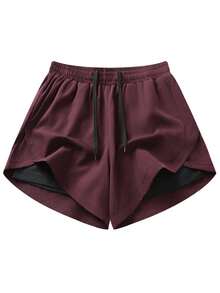 2条/套 女士运动短裤 | 速干涤纶氨纶混纺面料 | 透气轻盈 | 可调节抽绳腰带 | 适合健身和休闲穿着 | 可机洗 | 四季皆宜，舒适运动休闲服饰 | 功能性设计短裤 | 可调节舒适短裤 | 夏季健身、瑜伽、跑步裤 - 酒紅色 - 查看 4