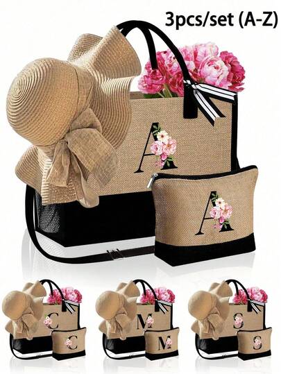 Women's Beach Tote Bag With Shoulder Straps, Pink Begonia Black Letters A-Z Design Large Capacity Tote Bag With Matching Cosmetic Pouch & Wide Brim Sun Hat, Personalized Gift Bag With Side Pockets, Makeup Bag, Suitable For Weddings, Beach, Vacation & Daily Use, Stylish Summer Travel Gift Set For Her, Ideal For Pool Days, Weekend Getaways And Everyday Errands, Valentine'S Day Gifts