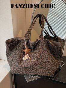 Bolso Tote de Gran Capacidad con Diseño Marrón, Gancho Externo para Taza de Café, Parte Superior con Estampado de Leopardo, Doble Correa para el Hombro y Llavero - Marrón - Ver 9