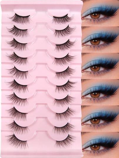 Hinarin 10对半截式自然款假睫毛，蓬松柔软，猫眼造型，纤细黑色带，适合时尚女孩、女士旅行派对使用。