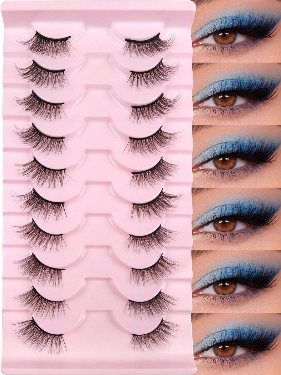 Hinarin 10对半截式自然款假睫毛，蓬松柔软，猫眼造型，纤细黑色带，适合时尚女孩、女士旅行派对使用。