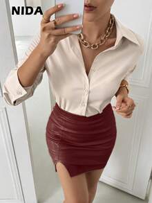 Women's Solid Color Down Collar Long Sleeve Single-Breasted Casual Classic Shirt, Elegant Women's Blouses, Summer/Spring Outfit - Khaki - View 4
