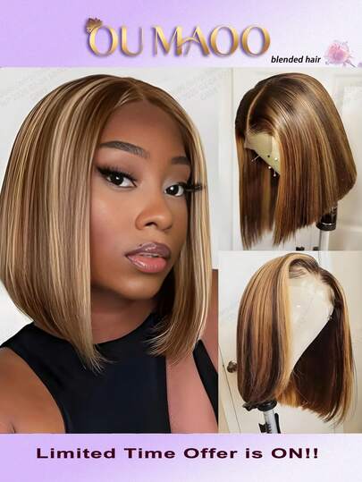 蜜金色渐变直发假发 - 200% 高密度顺滑 34 英寸，13x4 高清蕾丝前额真人混纺发丝，4/27 高光无胶假发，女士款，预先拔毛并带有婴儿发。