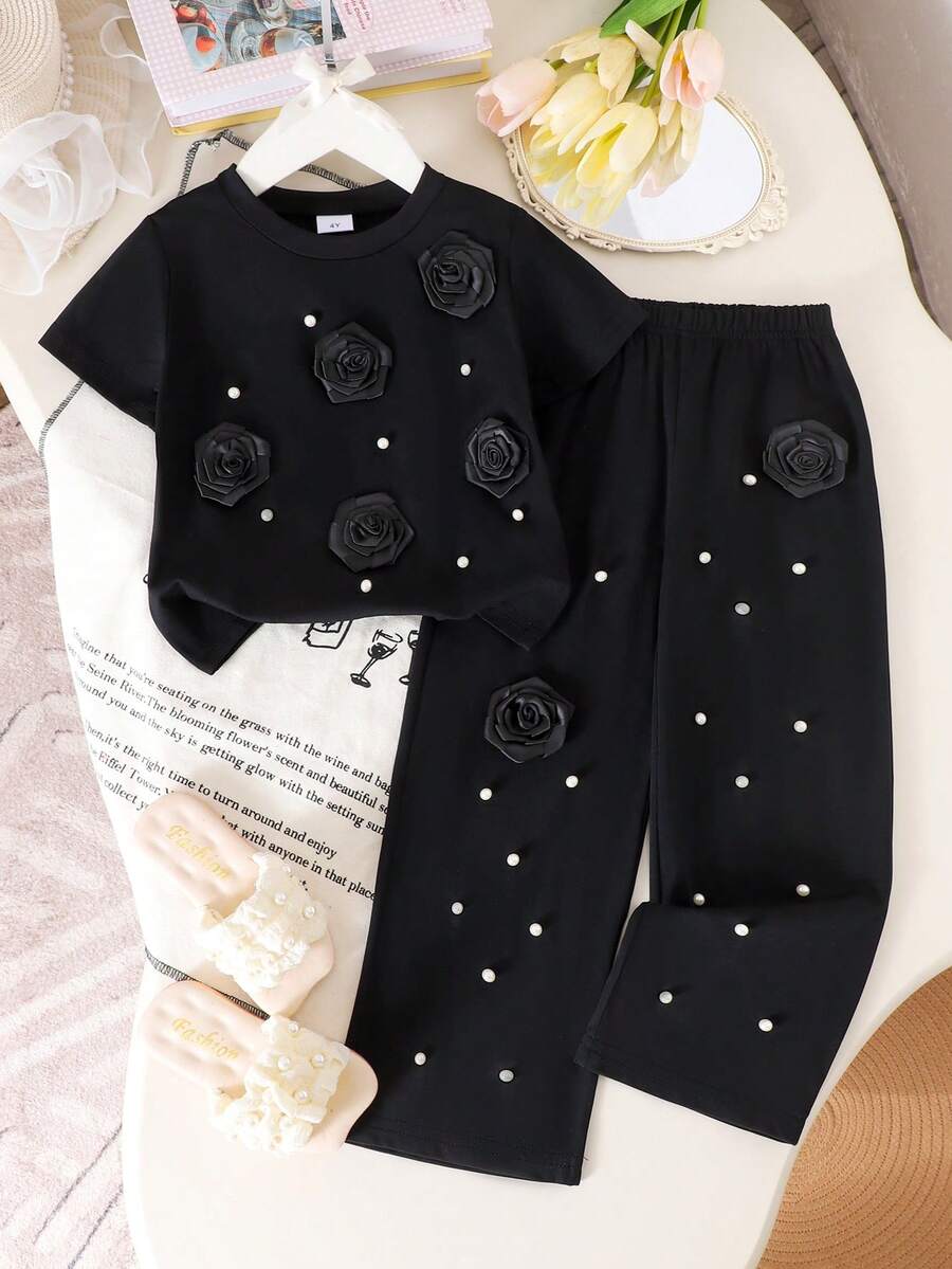 2pcs/Set Young Girl' Energetic 3D Floral Beaded Short Sleeve T-Shirt & Elastic Waist Pants Set, Summer - Black - View 1