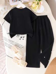 2pcs/Set Young Girl' Energetic 3D Floral Beaded Short Sleeve T-Shirt & Elastic Waist Pants Set, Summer - Black - View 2