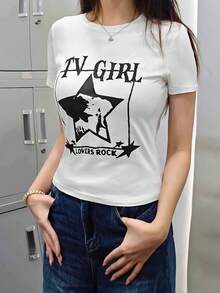 Women's Round-Neck Short-Sleeve T-Shirt, American Hot Girl Style, Summer New Five-Pointed Star Pattern And Letter Print, Fashion Slim-Fit Cropped Top - White - View 2