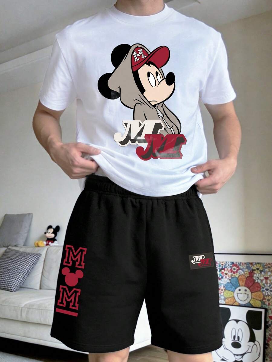 Disney Mickey Mouse Streetwear Style Set: Unisex Loose White Short Sleeve T-Shirt + Black M-Logo Print Shorts, This Casual 2-Piece Set Is An Excellent Disney Gift - Black and White - View 1