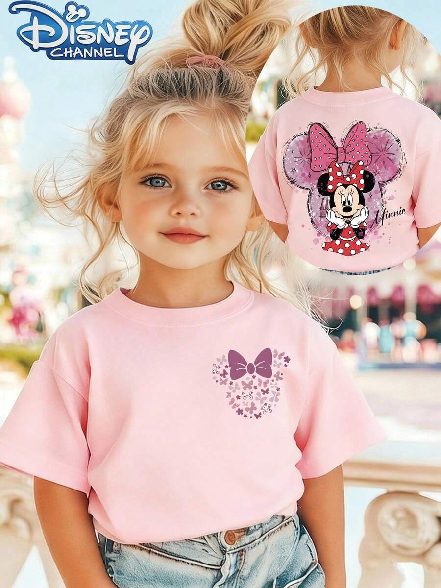 Minnie Mouse With Bow One Cute Disney Fresh And Fashionable Round Neck T Shirt For Girls Made Of 100 Cotton Is An Ideal Choice For Daily Wear Vacation Leisure Outdoor Exploration School Life And Shopping Trips It Is A Must Have Item For Summer It Is Also An Excellent Gift For The Same Boy And Girl Every Child Deserves One - Pink - View 1