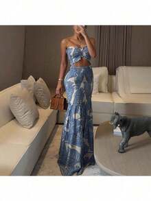 Spring And Summer New Neck Printing Pleated Dress Casual Loose Holiday Dress Two-Piece Set - Màu xanh lá cây đậm - Xem 3
