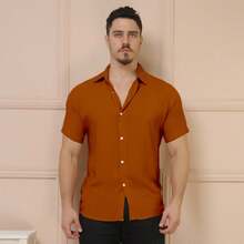 YLF MODAS Men's Short-Sleeved Button-Down Dress Shirt - Plain - Brown - View 5