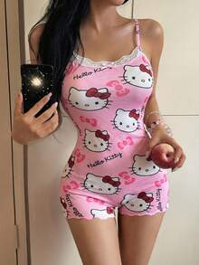 SANRIO 1pc Women's Cute Printed Camisole Jumpsuit, Lace Trim Minimalist Jumpsuit, Comfortable Home Wear For Spring/Summer/Autumn - Pink - View 4