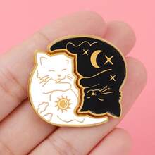 1枚日月猫咪胸针，独特珐琅翻领别针 - 可爱徽章，可别在背包和衣服上 - 黑色 - 查看 8