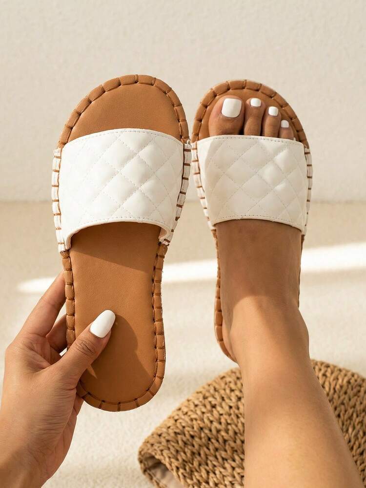 Vacation Outdoors Flat Slippers For Women, Quilted Single Band Artificial Leather Open Toe Slide Sandals,Spring Summer Outfits