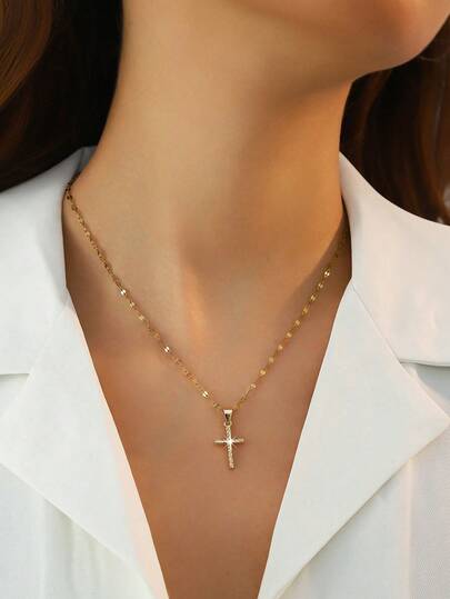 1 pieza Collar con colgante de cruz minimalista vintage para mujer, cadena ondulada de alta gama, brillante, adecuado para regalos de vacaciones y cumpleaños