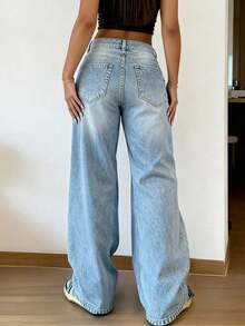 Quần jeans nữ cỡ lớn kiểu retro tối giản, cạp chun, dáng rộng, ống đứng, thường ngày, phong cách xuân hè. - Rửa nhẹ - Xem 3