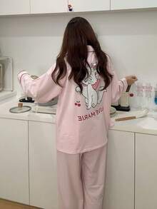 2pcs Disney Marie Cat Print Cotton Pajama Set, Long Sleeve, Pink, For Women, Spring/Autumn - Pink - View 5