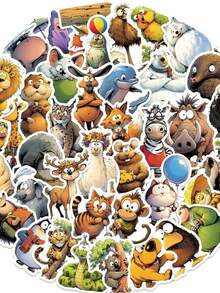 50张趣味卡通动物涂鸦贴纸 - 时尚美观，适用于日记本、手机壳、平板电脑、水瓶、办公桌、行李箱，防水贴纸 - 彩色 - 查看 4