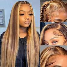 直发真人发假发 13x4 蕾丝前额假发 22-30 英寸 挑染渐变金发 P4/27 180% 密度 预先拔毛 自由分缝蕾丝前额假发 - S4/27 - 查看 3