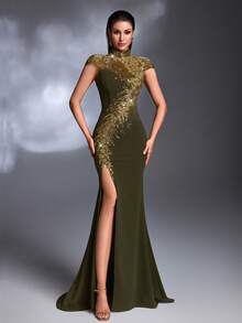 橄榄绿金色羽毛串珠刺绣高领短袖高开衩鱼尾系带奢华复古晚礼服 - 橄欖綠 - 查看 6