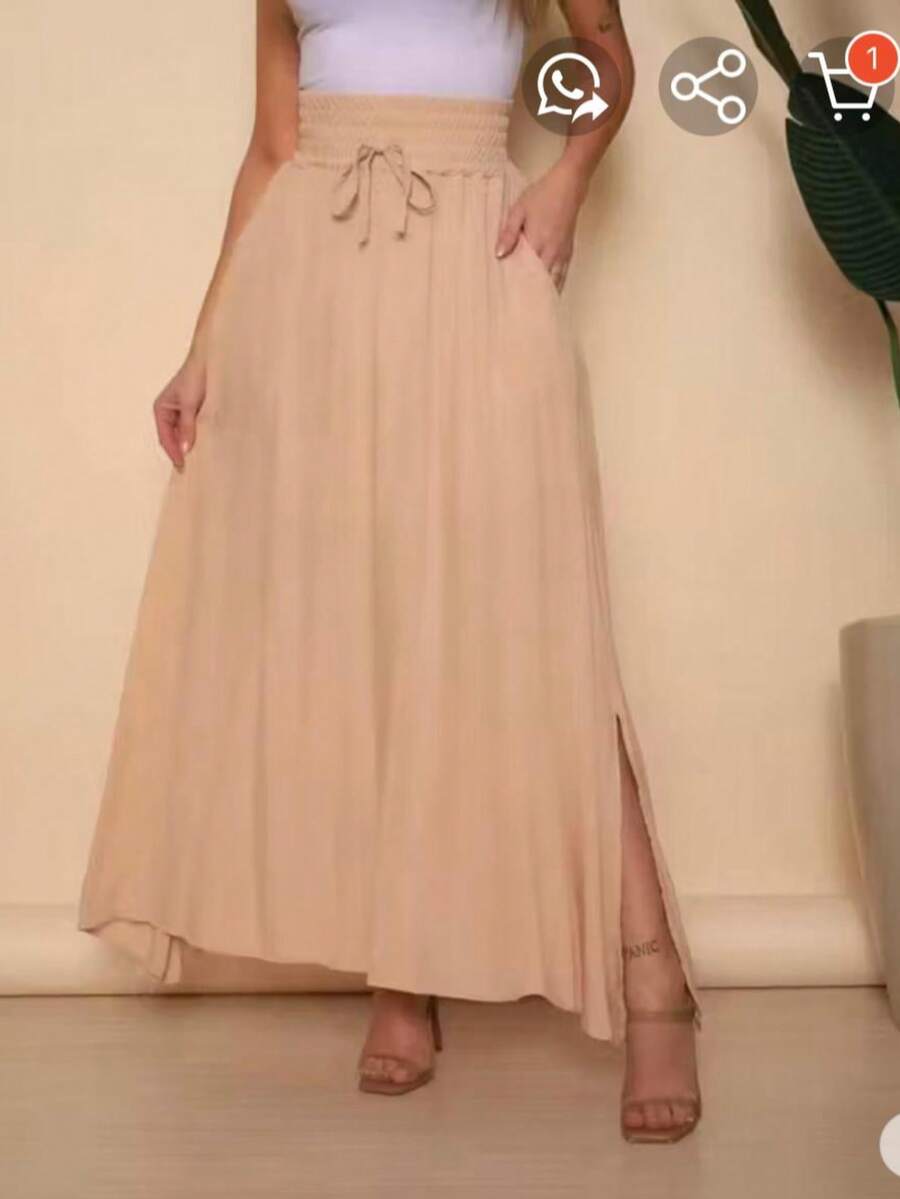 Long, Printed Viscose Skirt, Lined, High Waist With Pockets And Side Slits. - 純米色 - 查看 1