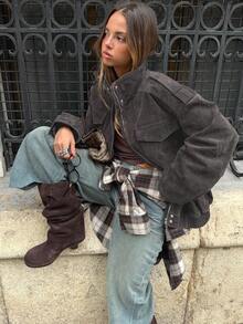 Women's Suede Jacket, Winter Coat, Long Sleeve Top, Button-Up Jacket, Zip-Up Bomber Jacket, Streetwear Top - Dark Grey - View 4