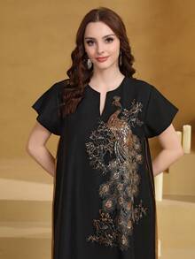 Áo dài Jalabia kiểu Ả Rập thêu hạt cườm vàng sang trọng, cổ chữ V viền vàng, thiết kế mới cao cấp năm 2026 dành cho tháng Ramadan. - màu đen - Xem 6