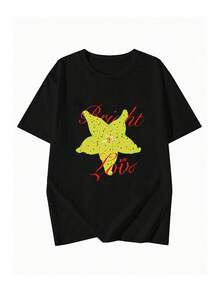 女士圆领短袖T恤，夏季新款五角星图案字母印花，时尚休闲百搭宽松上衣 - 黑色 - 查看 3