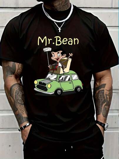 100% Cotton Mr Bean Cartoon Car Scene Print T-Shirt Graphic T-Shirts For Men And Women