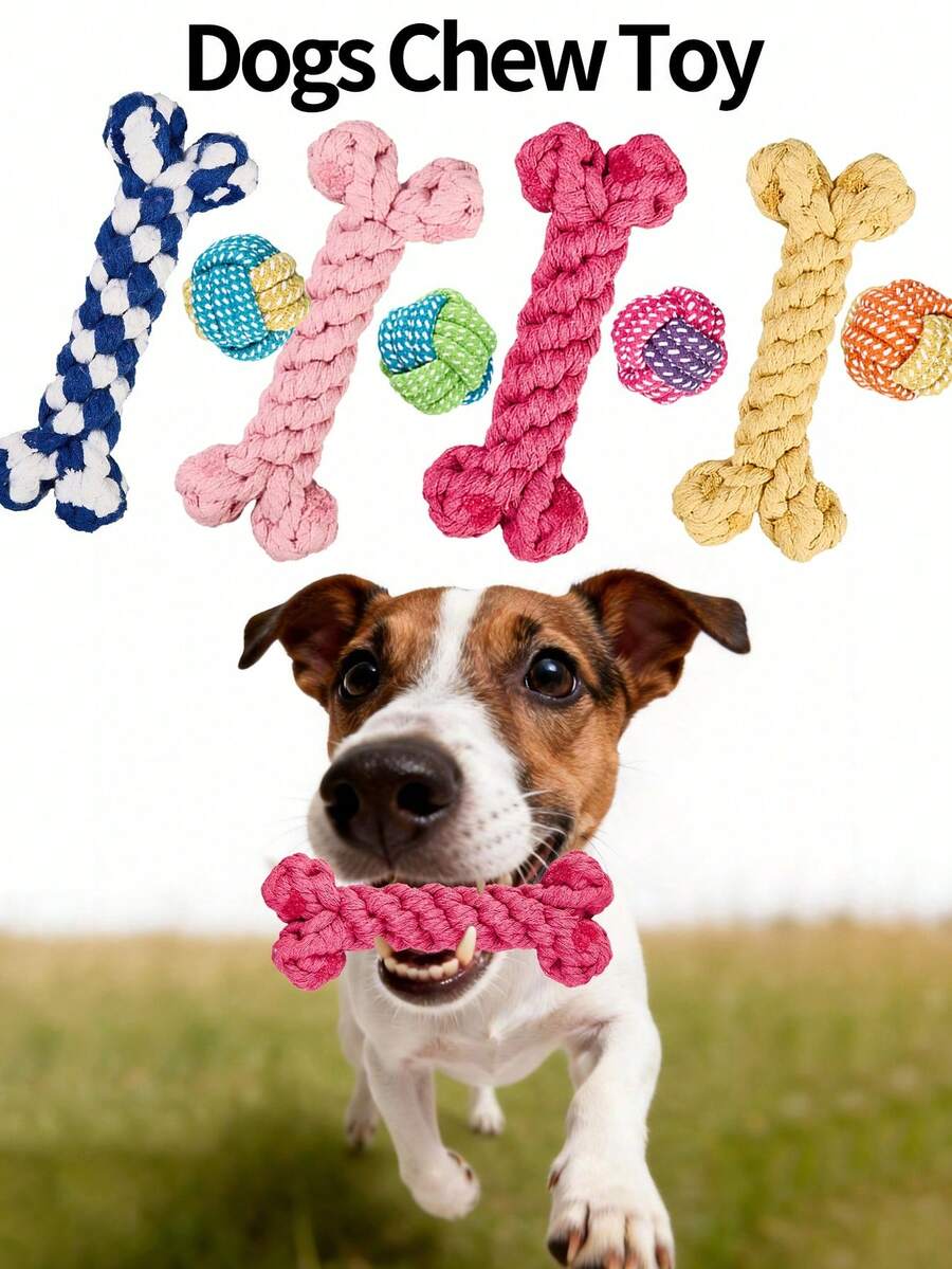 2pcs Dog Chew Toy Set - Realistic Bone Shaped + Knotted Ball, Handmade Durable Chewing Teeth Cleaning Interactive Fetch Toy - Multicolor - View 1