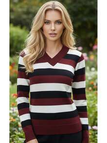 Women's Striped Sweater Top | Women's Long Sleeve Striped Top | Striped V-Neck Top - 馬薩拉黑葡萄酒 - 查看 2