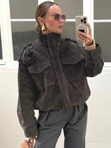 Women's Suede Jacket, Winter Coat, Long Sleeve Top, Button-Up Jacket, Zip-Up Bomber Jacket, Streetwear Top - Dark Grey - View 1