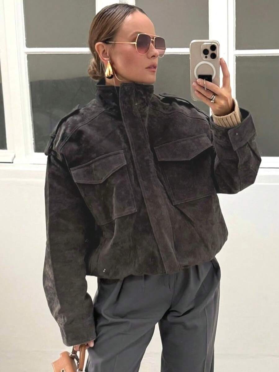 Women's Suede Jacket, Winter Coat, Long Sleeve Top, Button-Up Jacket, Zip-Up Bomber Jacket, Streetwear Top - Dark Grey - View 1