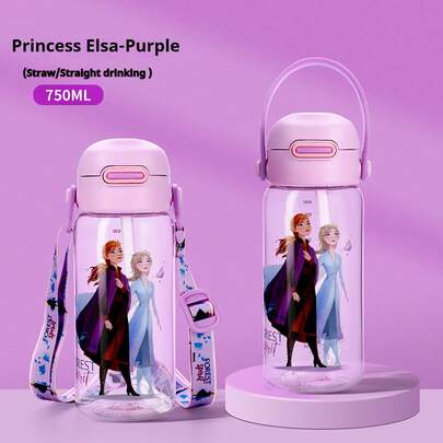 迪士尼官方授权冰雪奇缘艾莎卡通塑料水瓶，带吸管和直饮嘴，防漏便携，适合露营、徒步旅行、上学等场合。