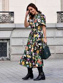 Đầm ngắn tay in hoa thanh lịch dành cho nữ, thắt nơ, xẻ tà, kiểu boho, dáng midi, thích hợp cho lễ tốt nghiệp, kỳ nghỉ hè. - màu xanh lá - Xem 9