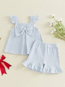 Toddler Baby Girl Clothes Summer Linen Outfit Bows Ruffle Vest Shirts + Ruffled Short Set 12 18 24 Month 2T 3T - Blue - View 6
